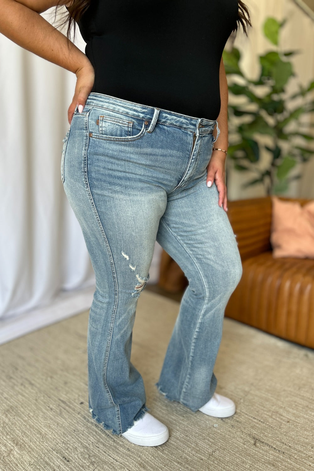 Judy Blue Full Size Medium Rise Tummy Control Destroy Flare - Fashions Envy