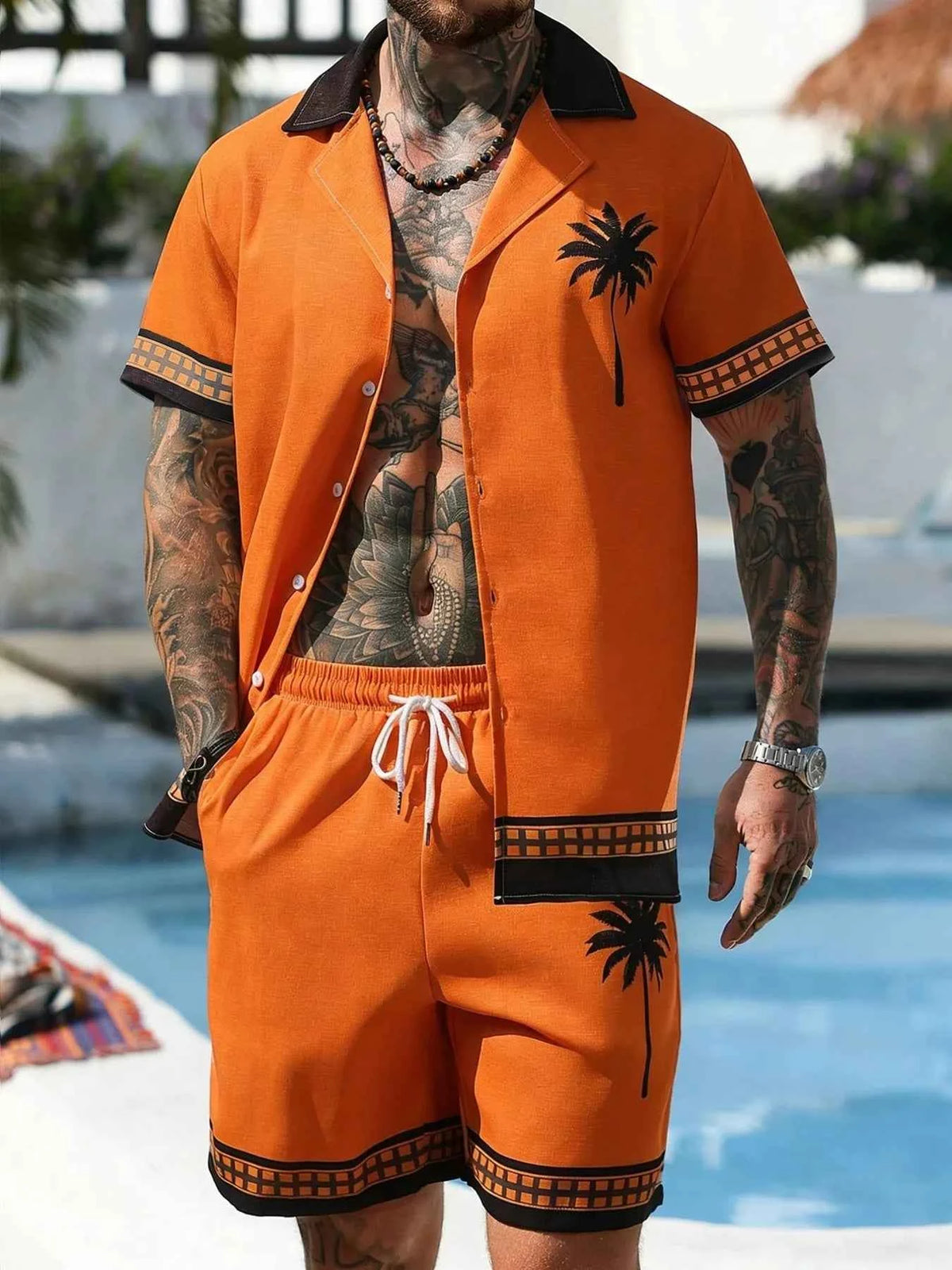 Men's Palm Tree Print Set - Button Shirt & Drawstring Shorts
