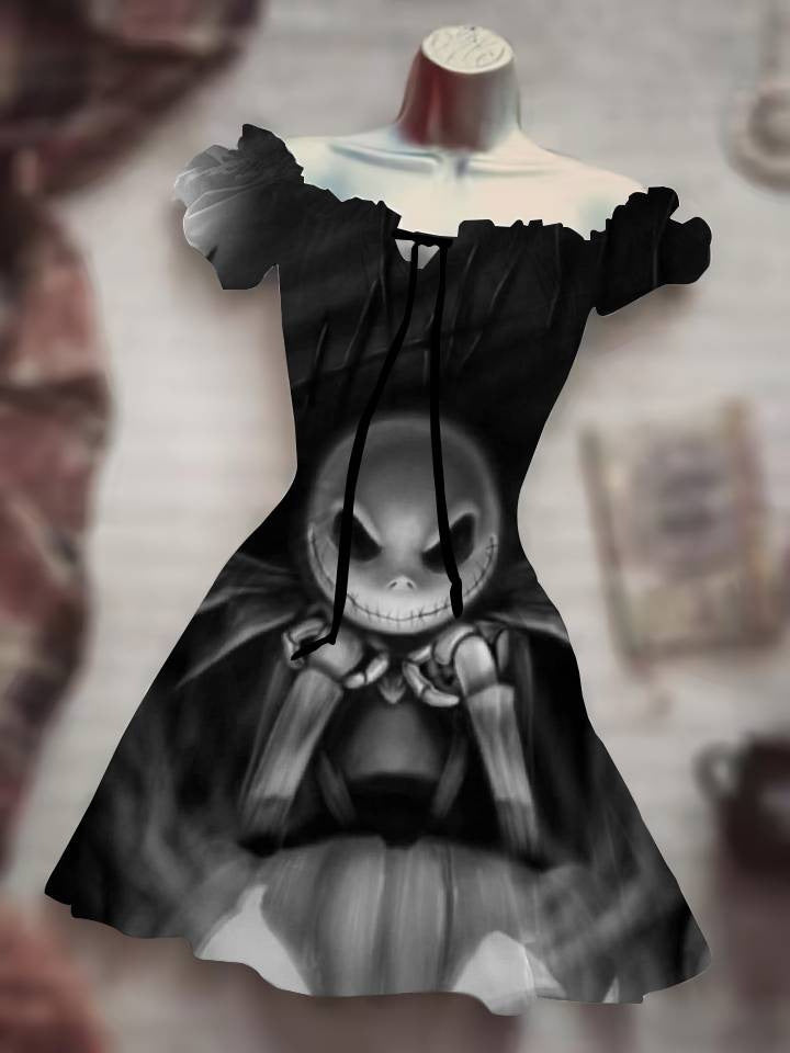 Black Drawstring Dress featuring a spooky skeleton design for a stylish and unique look