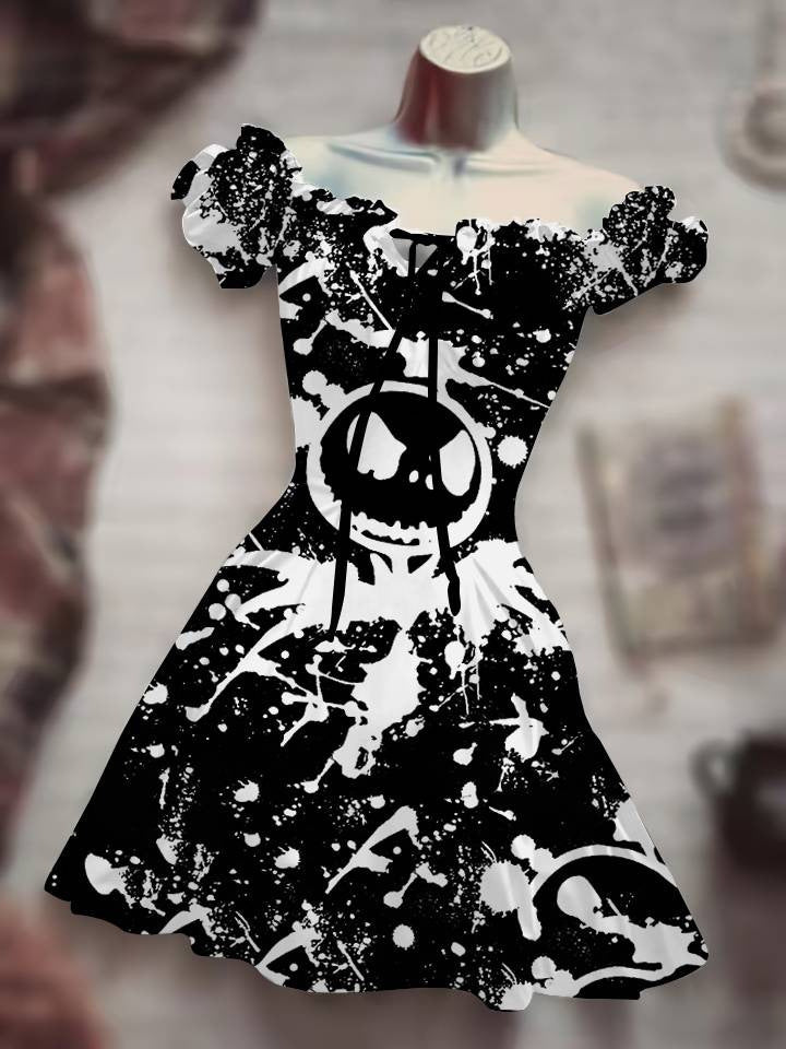 Black and white splatter-print Drawstring Dress with off-the-shoulder sleeves for casual wear