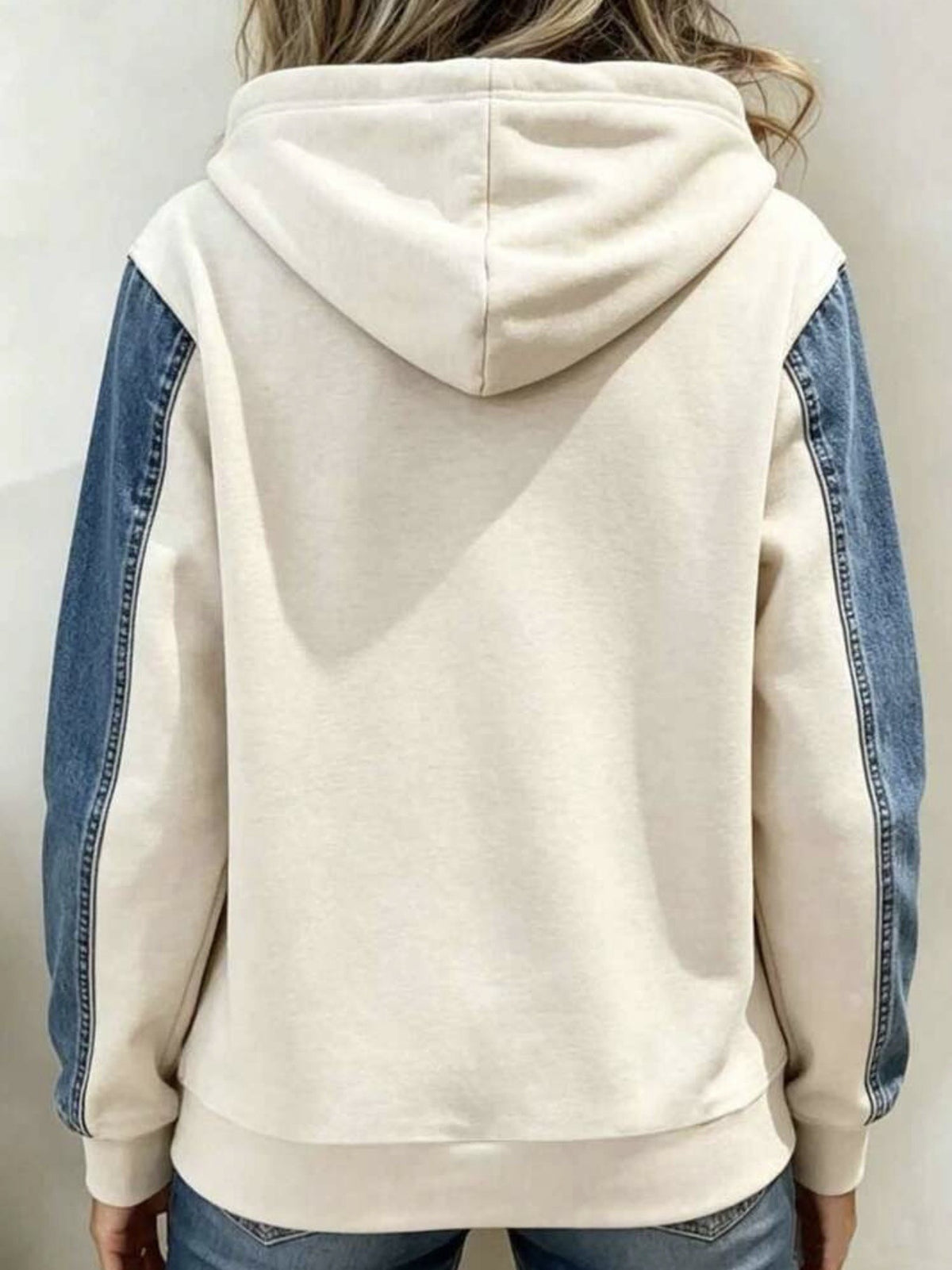 Denim Patchwork Hooded Sweatshirt - Roomy Front Pocket