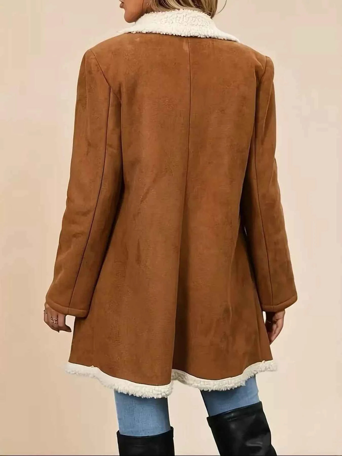 Caramel Suede Shearling Coat - Double Breasted Sherpa Lapel Jacket