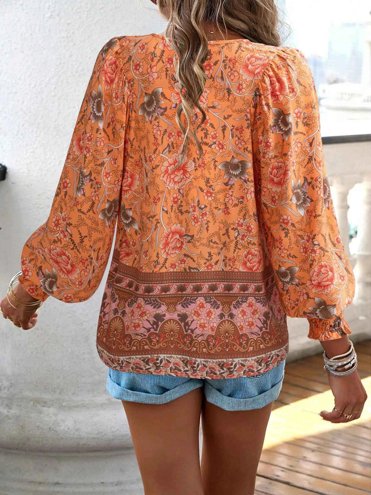 Boho Floral Tie-Neck Blouse - Smocked Cuff Balloon Sleeve Top