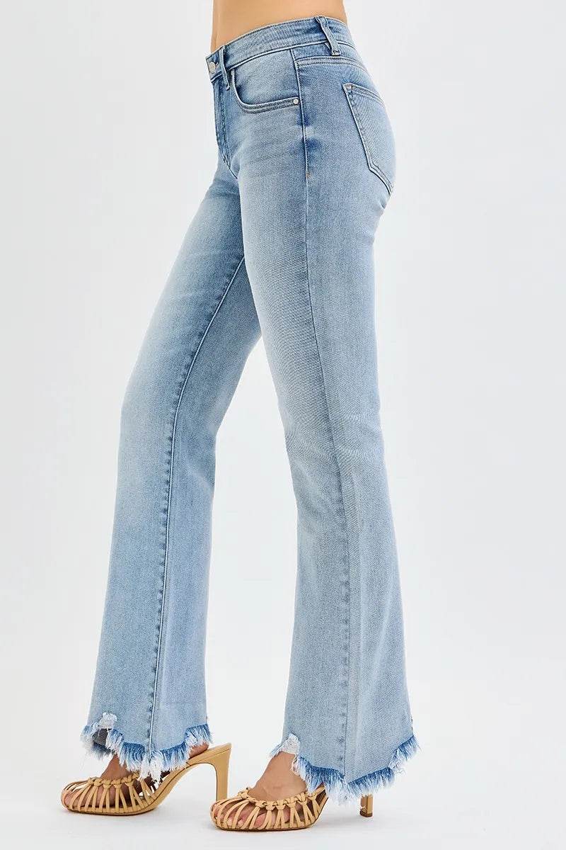 RISEN Full Size Tummy Control Mid Rise Flare Jeans with Fray Hem Detailed Plus Size - Fashions Envy
