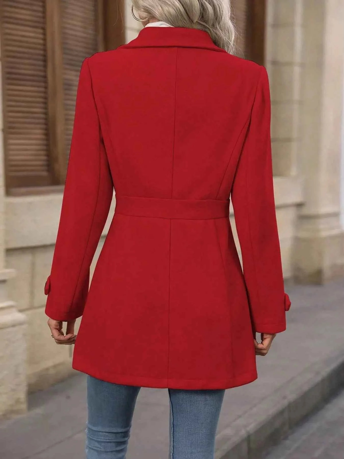 Single Breasted Lapel Coat - Button Front Waist Tabs