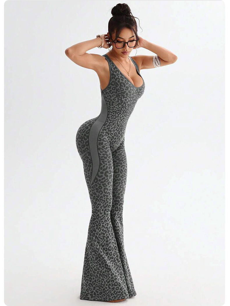 Cross-Back Flared Yoga Jumpsuit - Open Back and Scoop Neck