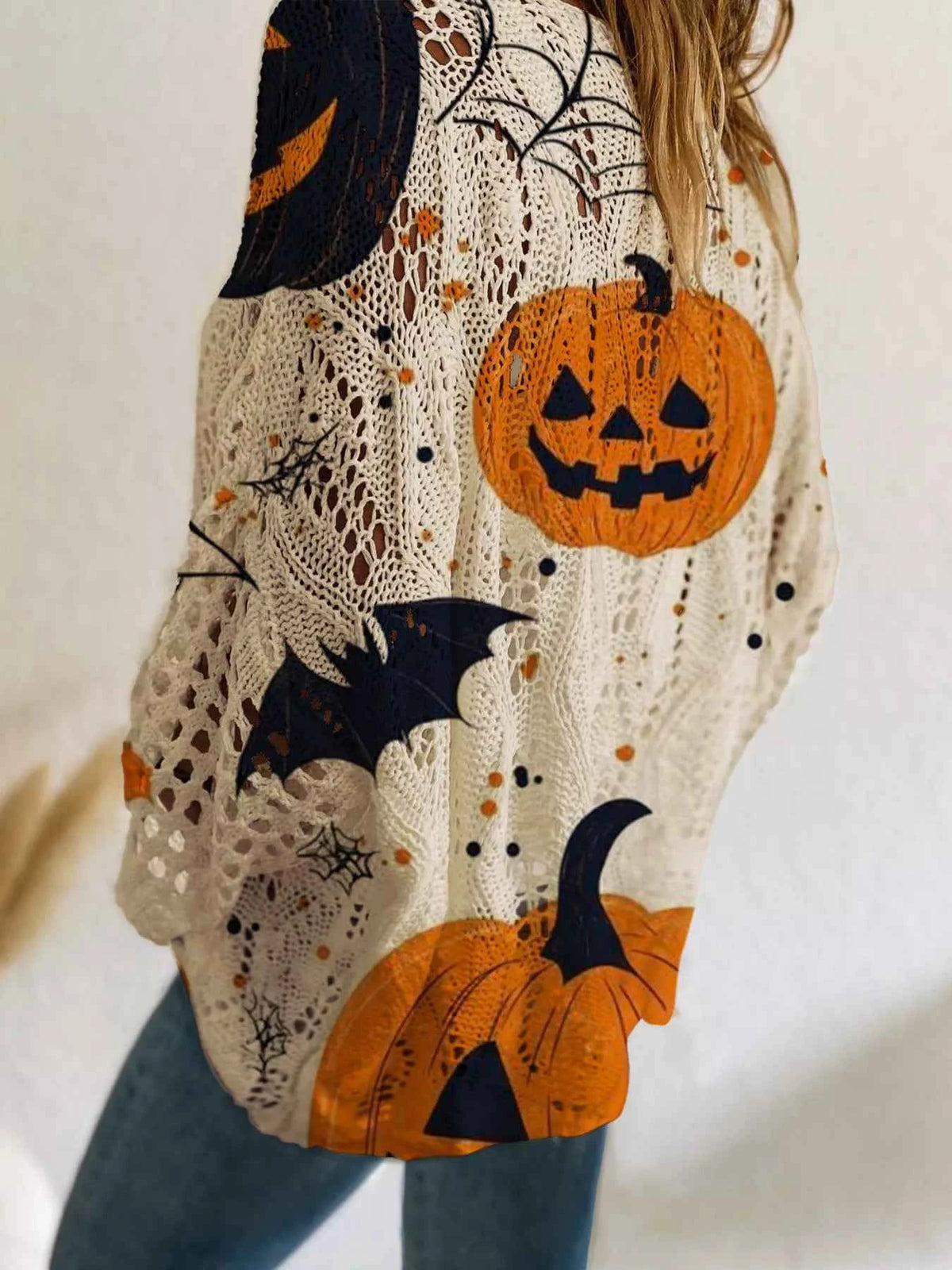 Halloween Pumpkin Knit Cover Up - Oversized Openwork Bat Print Top