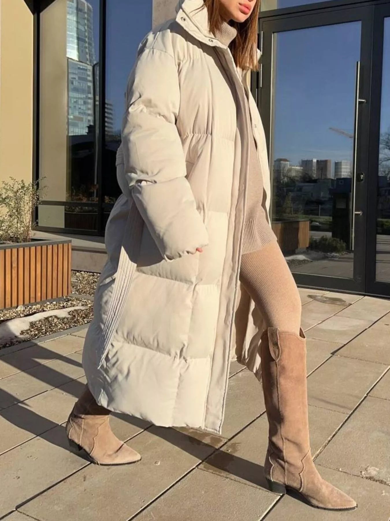 Longline Winter Coat - Padded with Belt - Fashions Envy