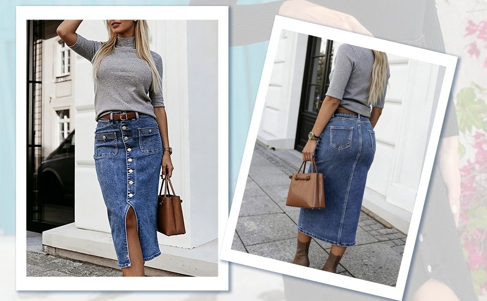 Button Front Denim Midi Skirt - Bodycon Fit Front Slit Patch Pockets