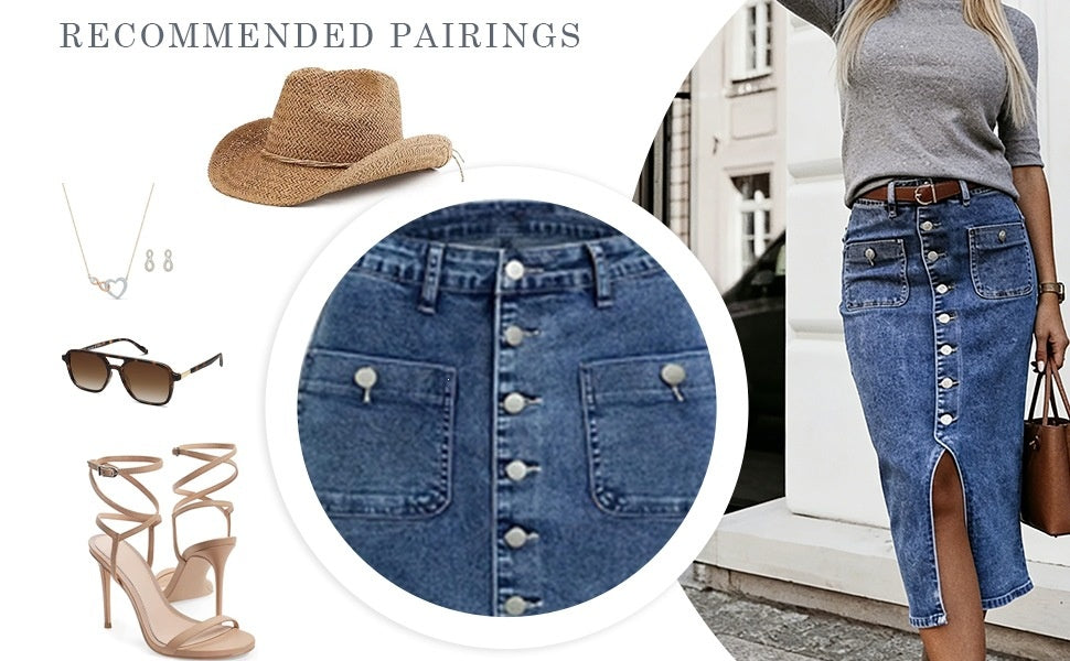 Button Front Denim Midi Skirt - Bodycon Fit Front Slit Patch Pockets