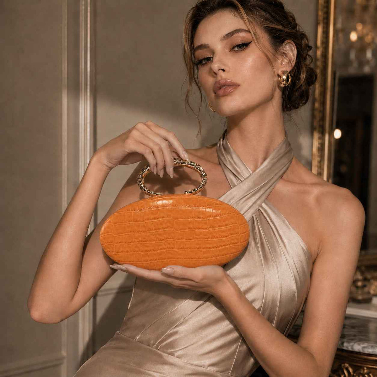 Crocodile Pattern Evening Bag - Oval Handle & Chain Strap