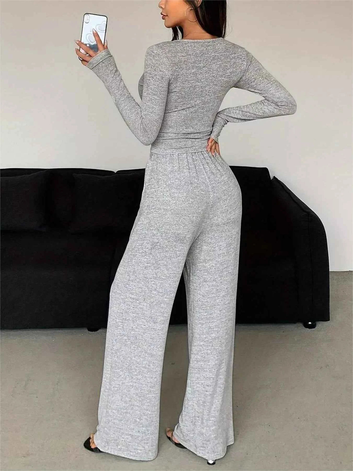 Button Detail Two Piece Set - Wide Leg Drawstring Pants