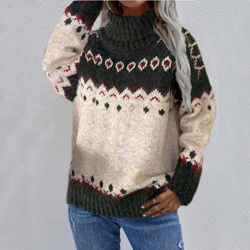 Christmas Geometric Knit Sweater - High Neck and Ribbed Hem