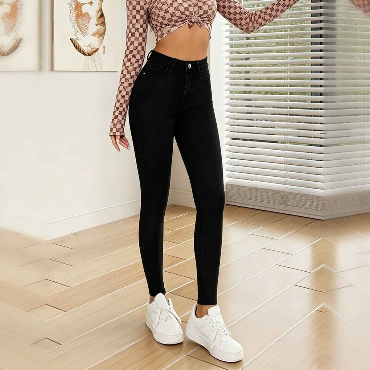 Black High-Rise Skinny Jeans - Ankle Cut and Pocket Detail