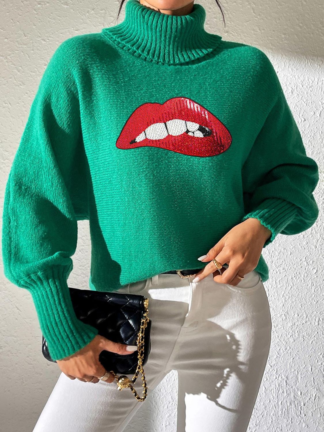 Lip Turtleneck Long Sleeve Sweater - Fashions Envy
