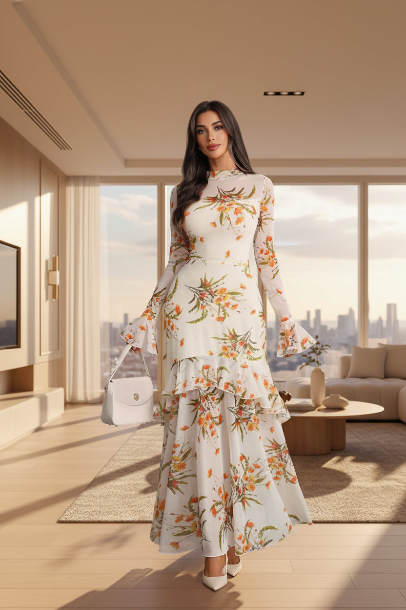 Woman wearing a floral dress with long sleeves against a plain background