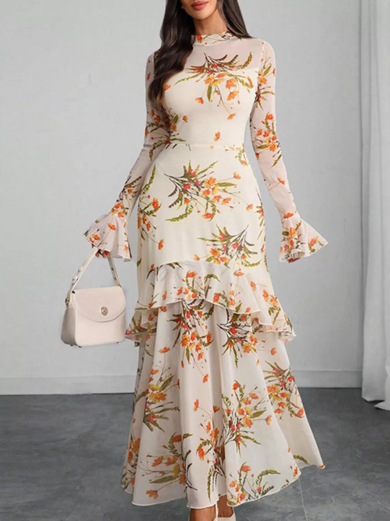 Mermaid Maxi Dress - Floral Print Flounce Sleeve