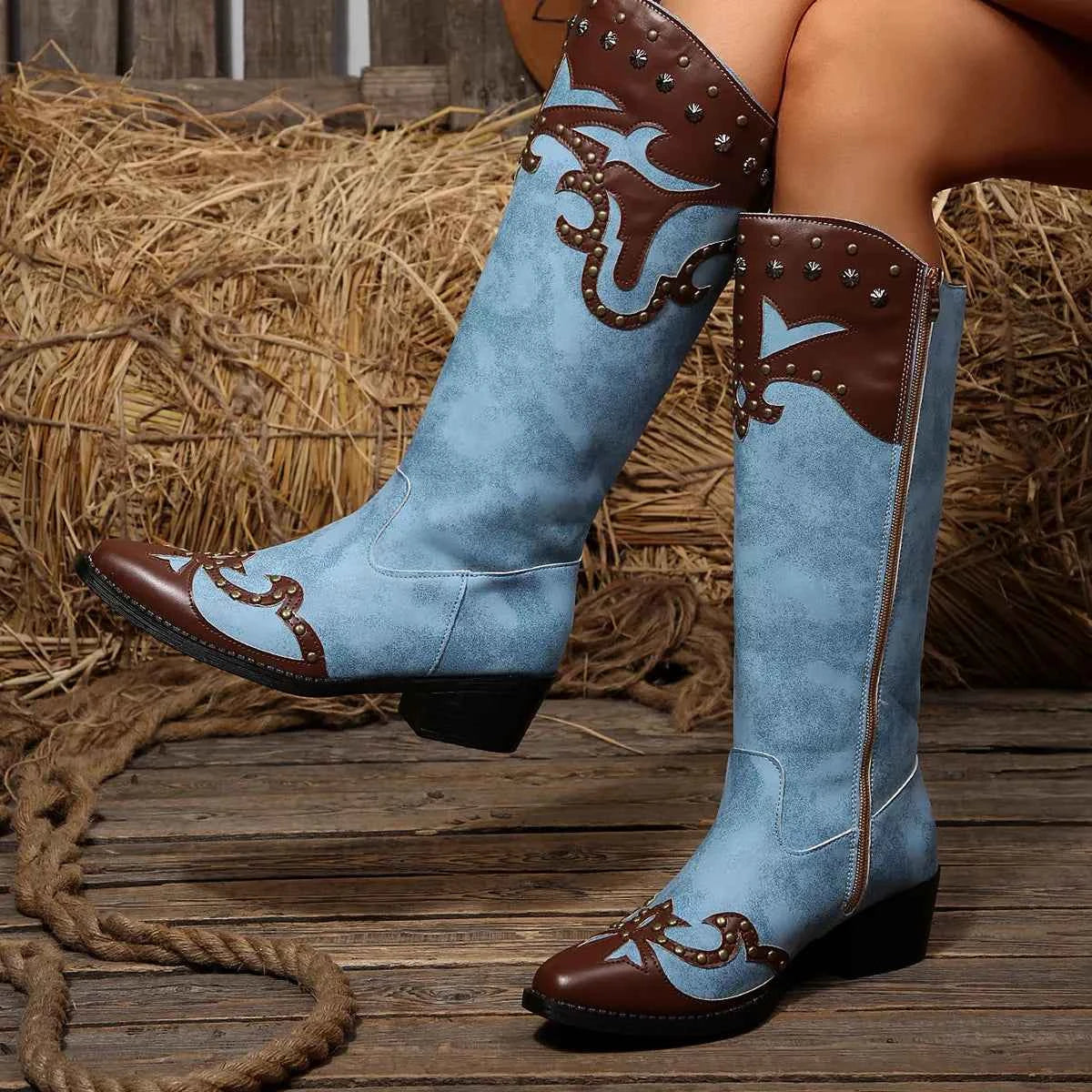 Point Toe Block Heel Western Cowgirl Boots - Studded Rivet Two-Tone