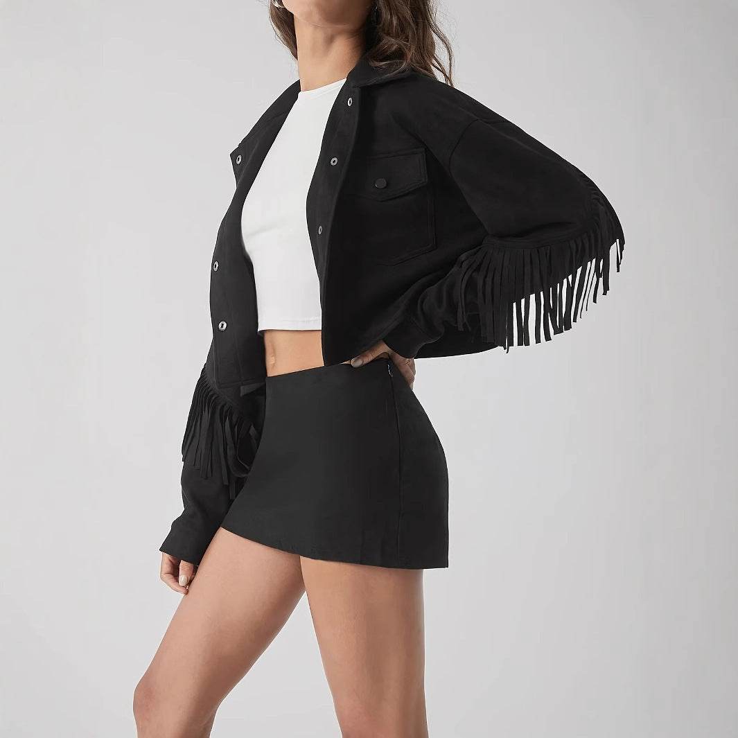 Black Fringe Jacket - Long Sleeve Elegant Coat