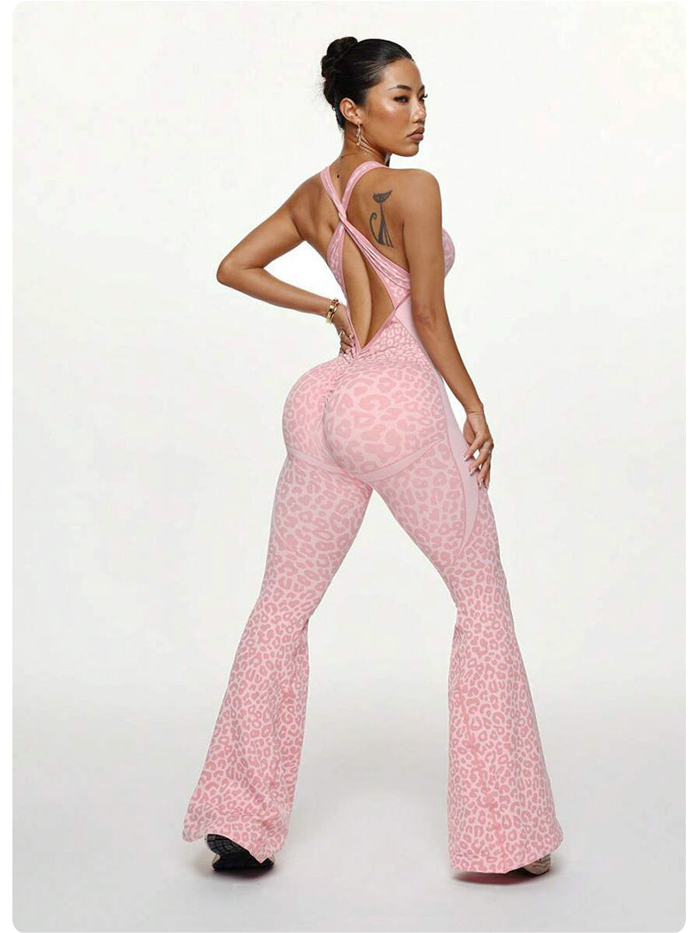 Cross-Back Flared Yoga Jumpsuit - Open Back and Scoop Neck