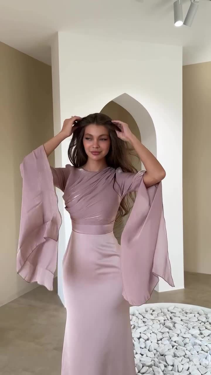 Long Sleeve Maxi Dress - Draped Bodice and Split Sleeves