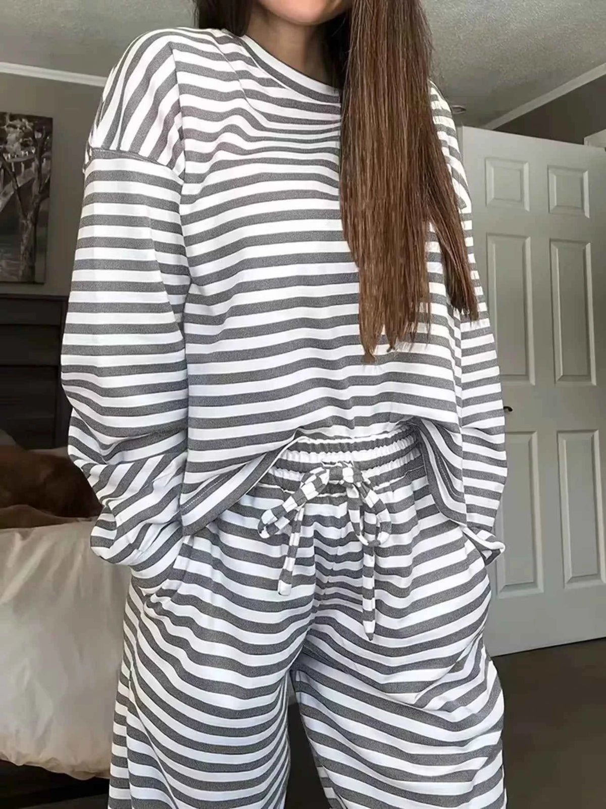 Striped Lounge Set - Relaxed Oversized Top Wide Leg Pants