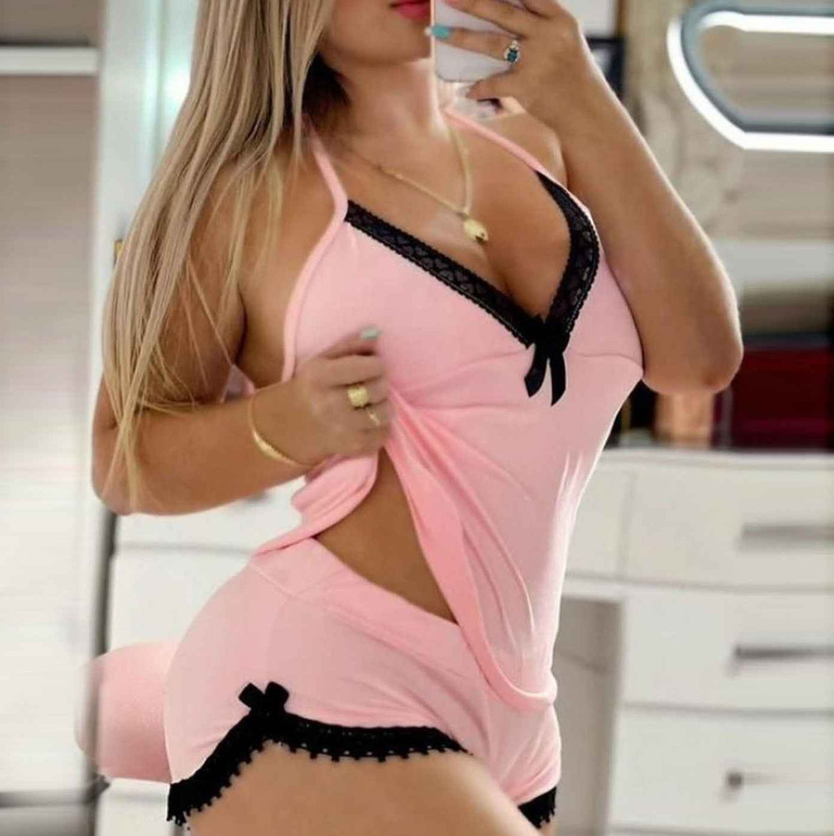Lace-Trim Cami Shorts Set - Two-Piece Sleepwear Outfit
