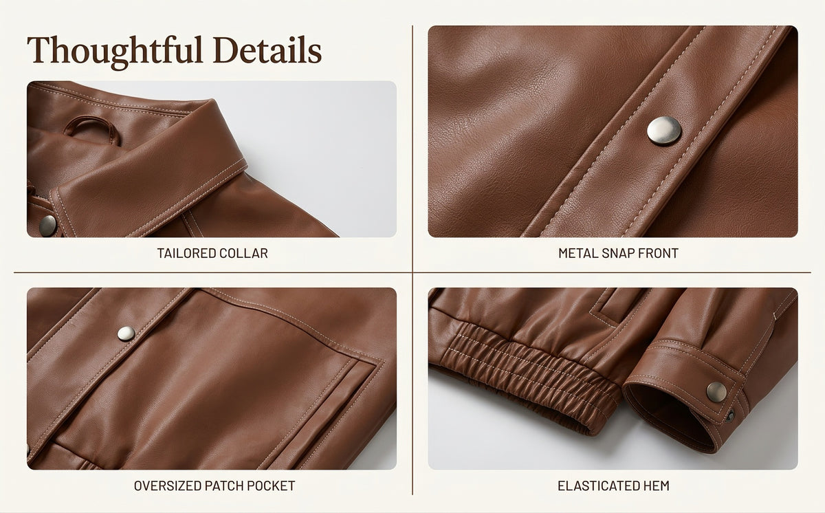 Brown faux leather jacket details: tailored collar, metal snaps, patch pocket, elastic hem