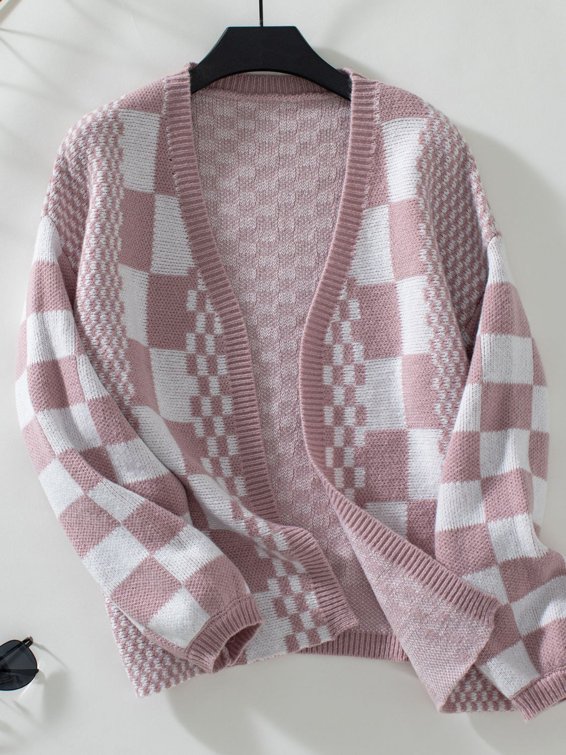 Double Take Checkered Open Front Dropped Shoulder Cardigan - Fashions Envy