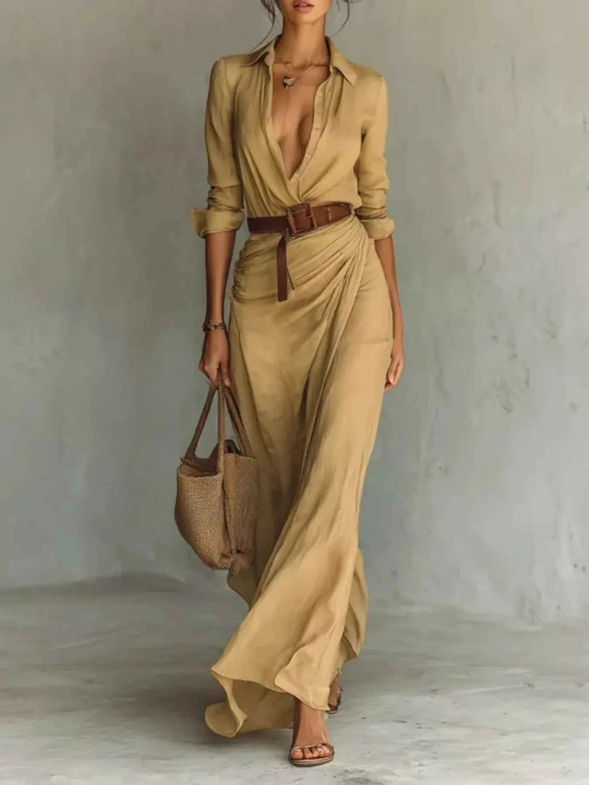 Button Front Belted Shirt Maxi Dress - Deep V Collar