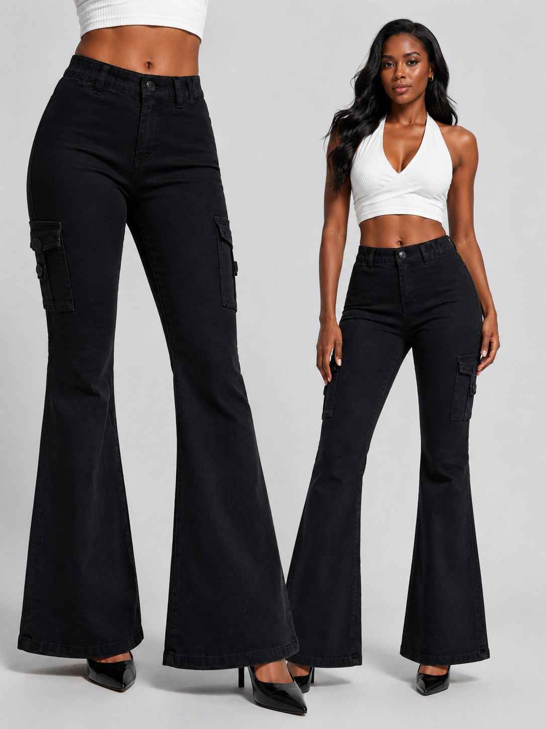 Women's High-quality Stretch Vintage Washed Cargo Flare Jeans, Y2K Style, Casual And Versatile, Suitable For All Seasons