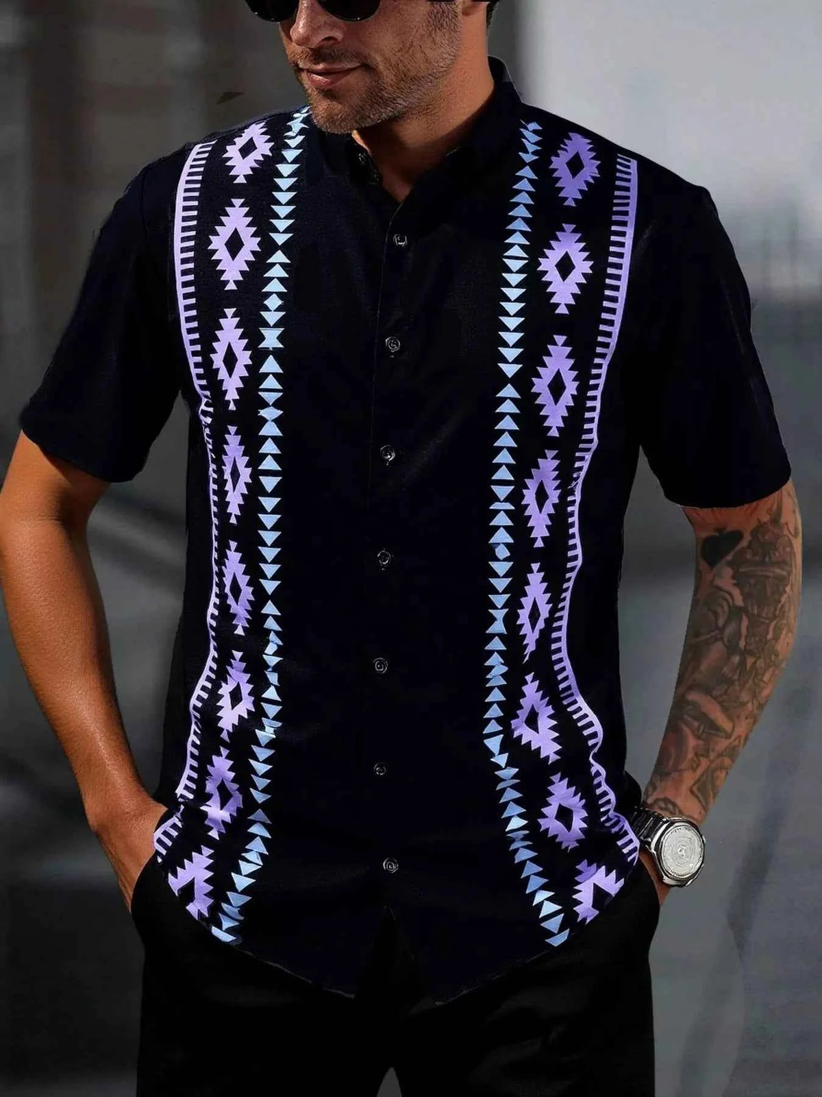 Men's Aztec Geometric Print Button Shirt - Short Sleeve