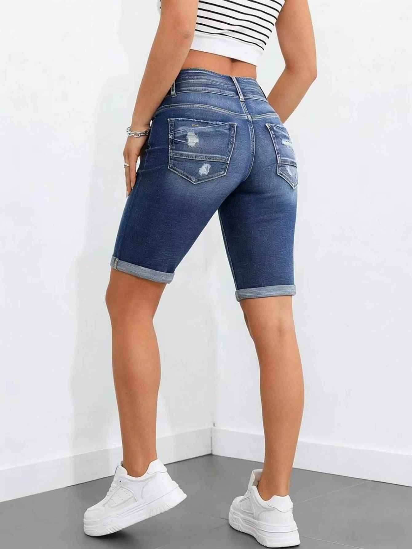 Dark Wash Double Button High Waist Denim Bermuda Shorts Women Cuffed Hem Slim Knee Length Jean Shorts With Pockets