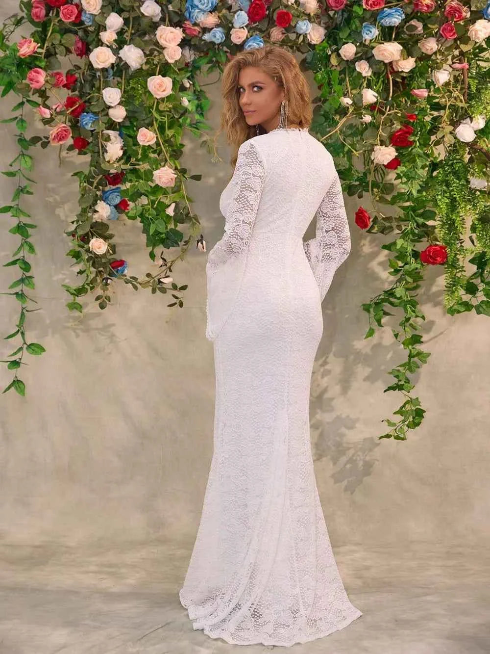 White Lace Flare Sleeve Maxi Dress - Surplice V-Neck Gown