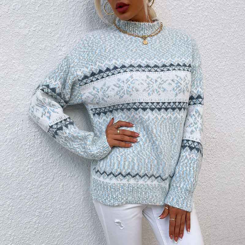 Christmas Snowflake Knit Sweater - Mock Neck and Ribbed Trim