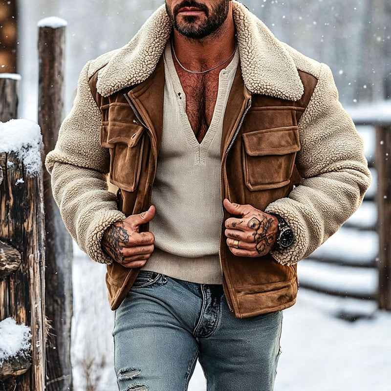 Mens Shearling-Blend Suede-Lined Lapel Zip Jacket