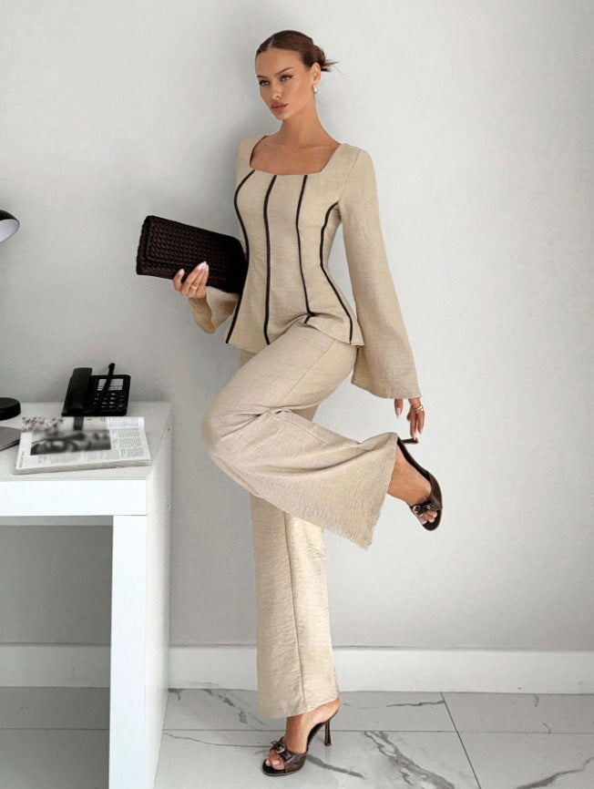 Beige wide-leg pants set with shaped top and flared sleeves, wide full-length pants