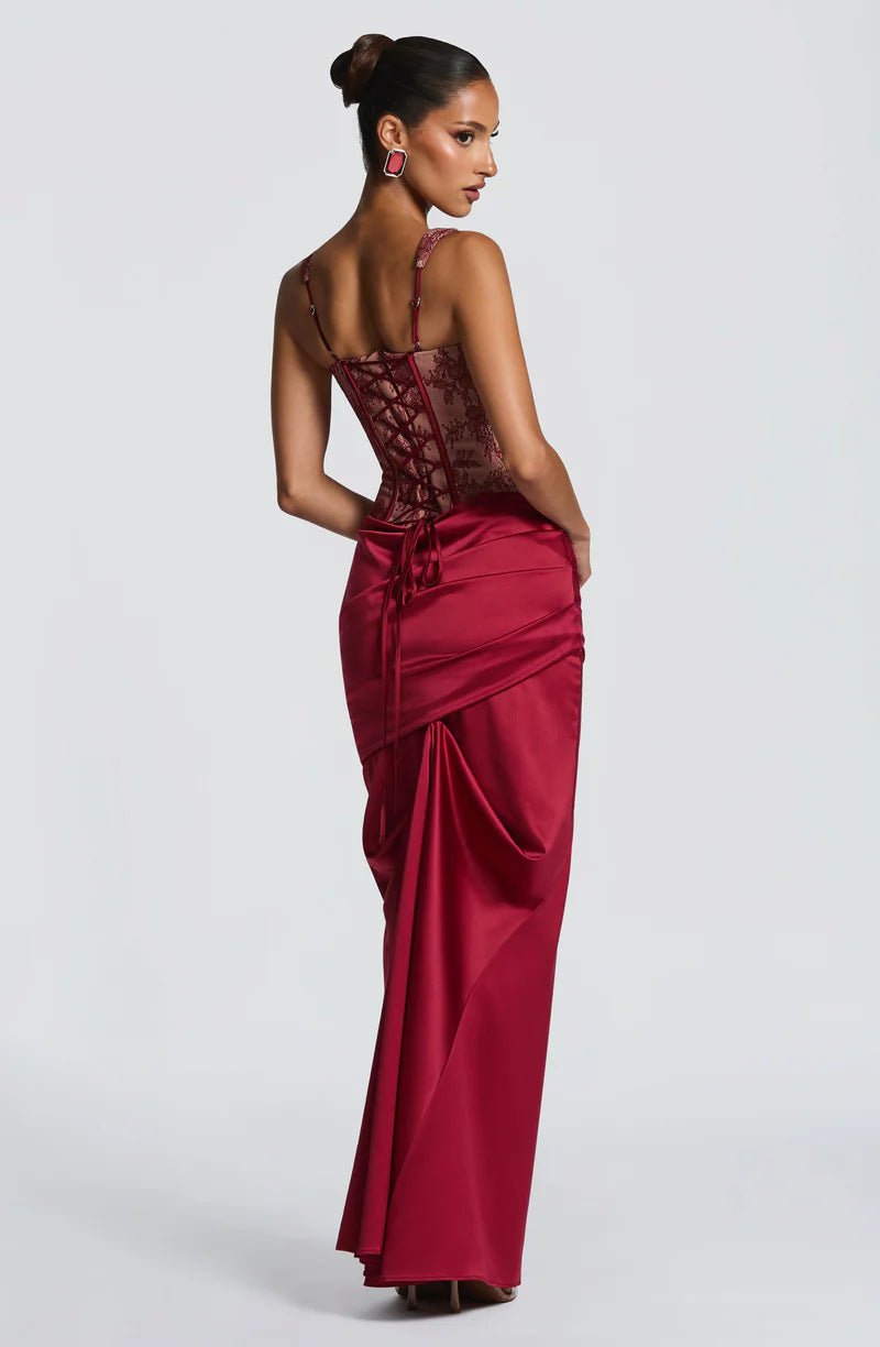 Lace Corset Top and Maxi Skirt Set - Ruched Satin-Look Finish
