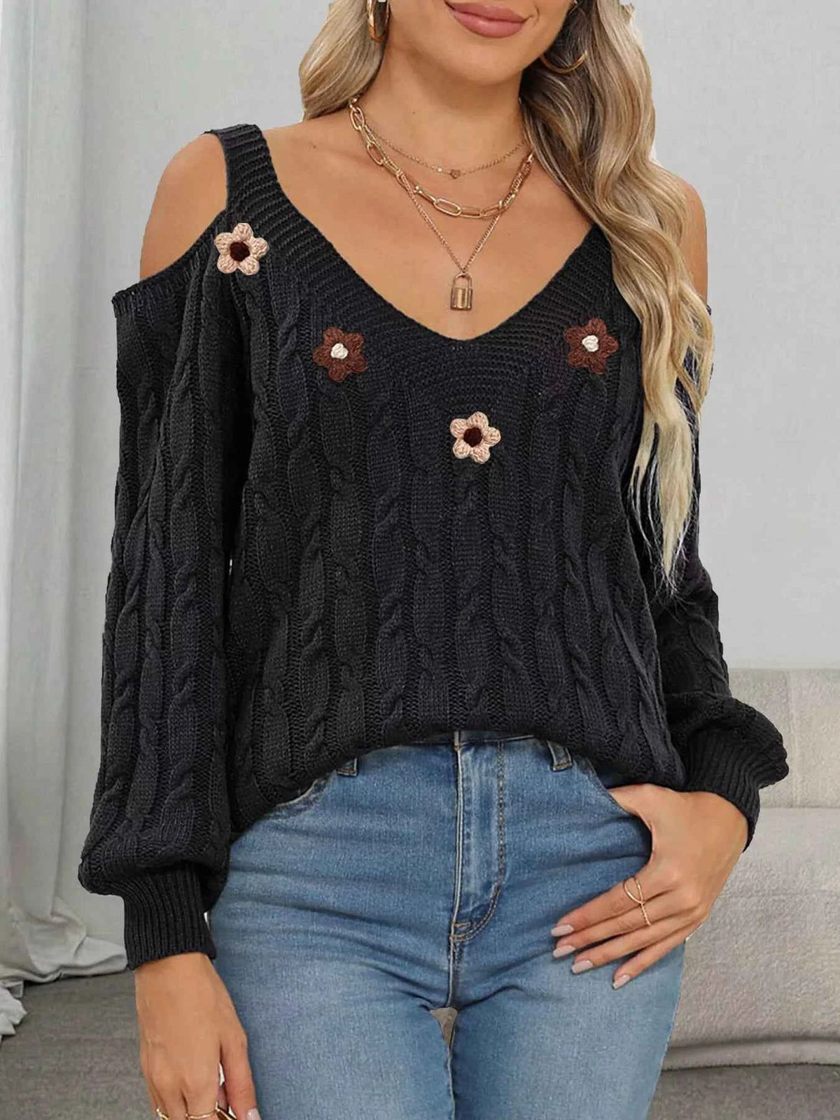 Cold Shoulder Cable Knit Sweater - Floral Applique Detail