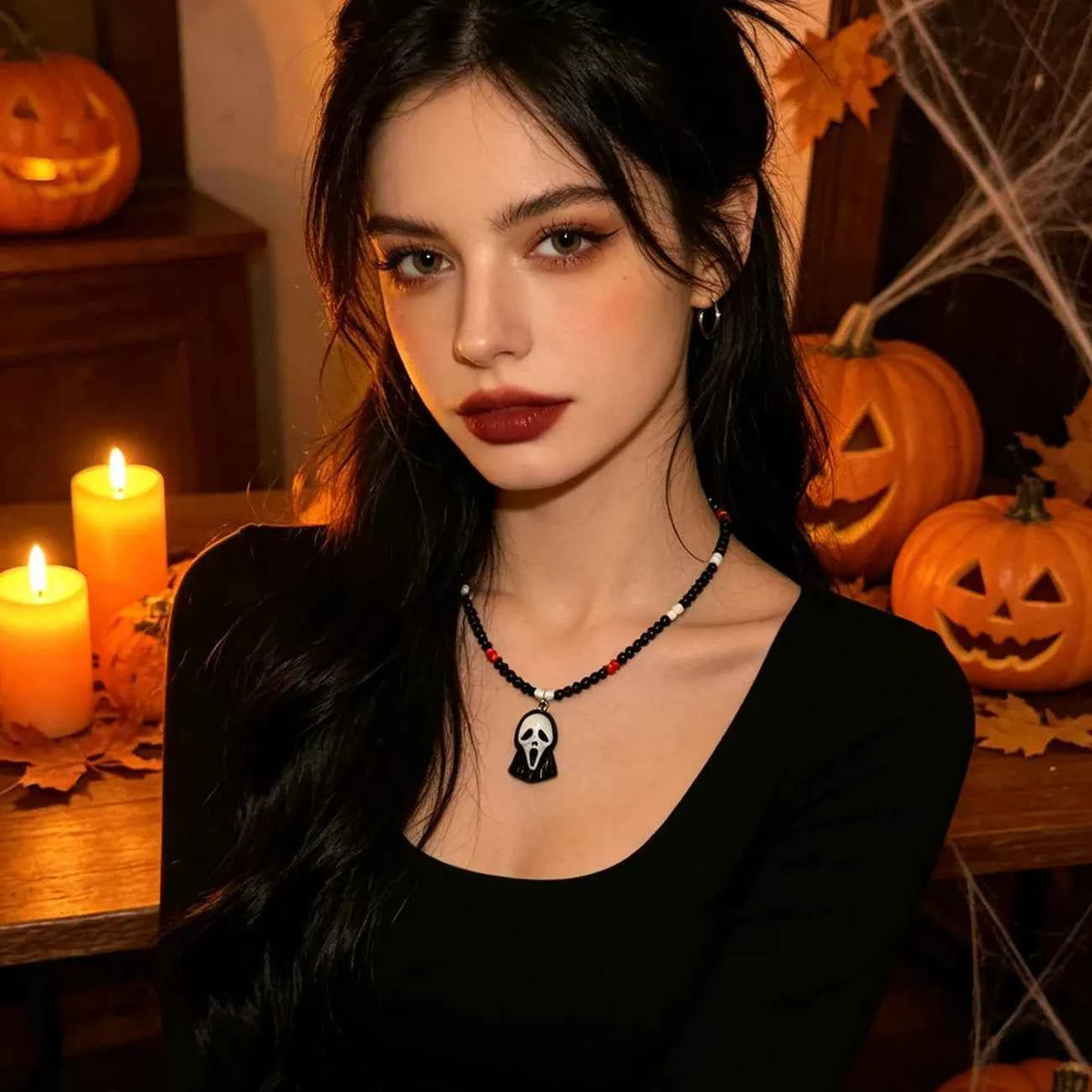 Black Scream Mask Beaded Necklace - Gothic Pendant