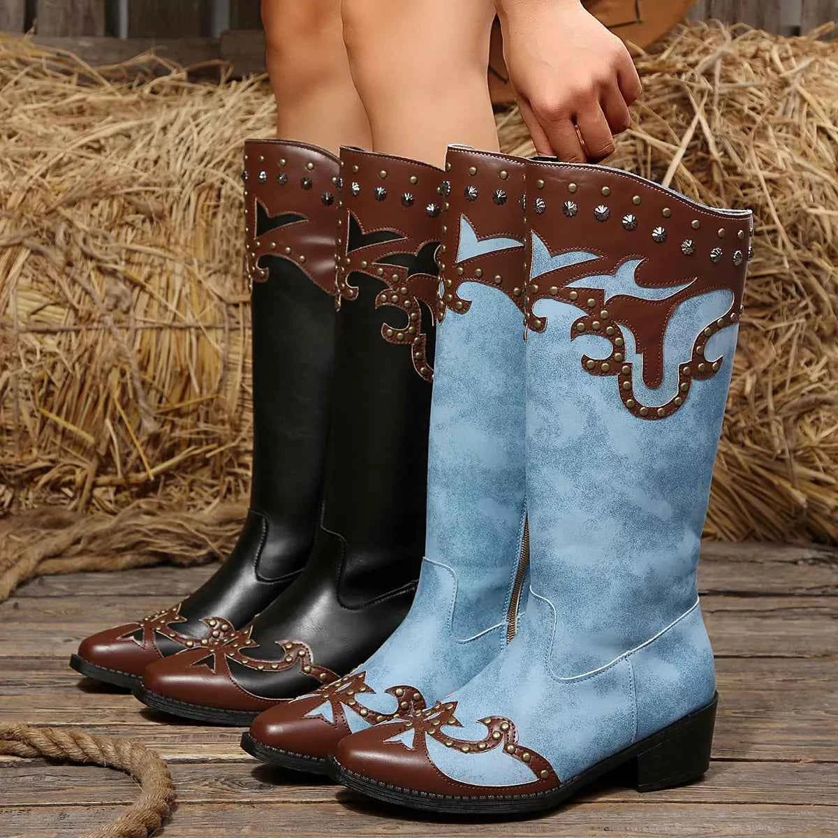 Point Toe Block Heel Western Cowgirl Boots - Studded Rivet Two-Tone