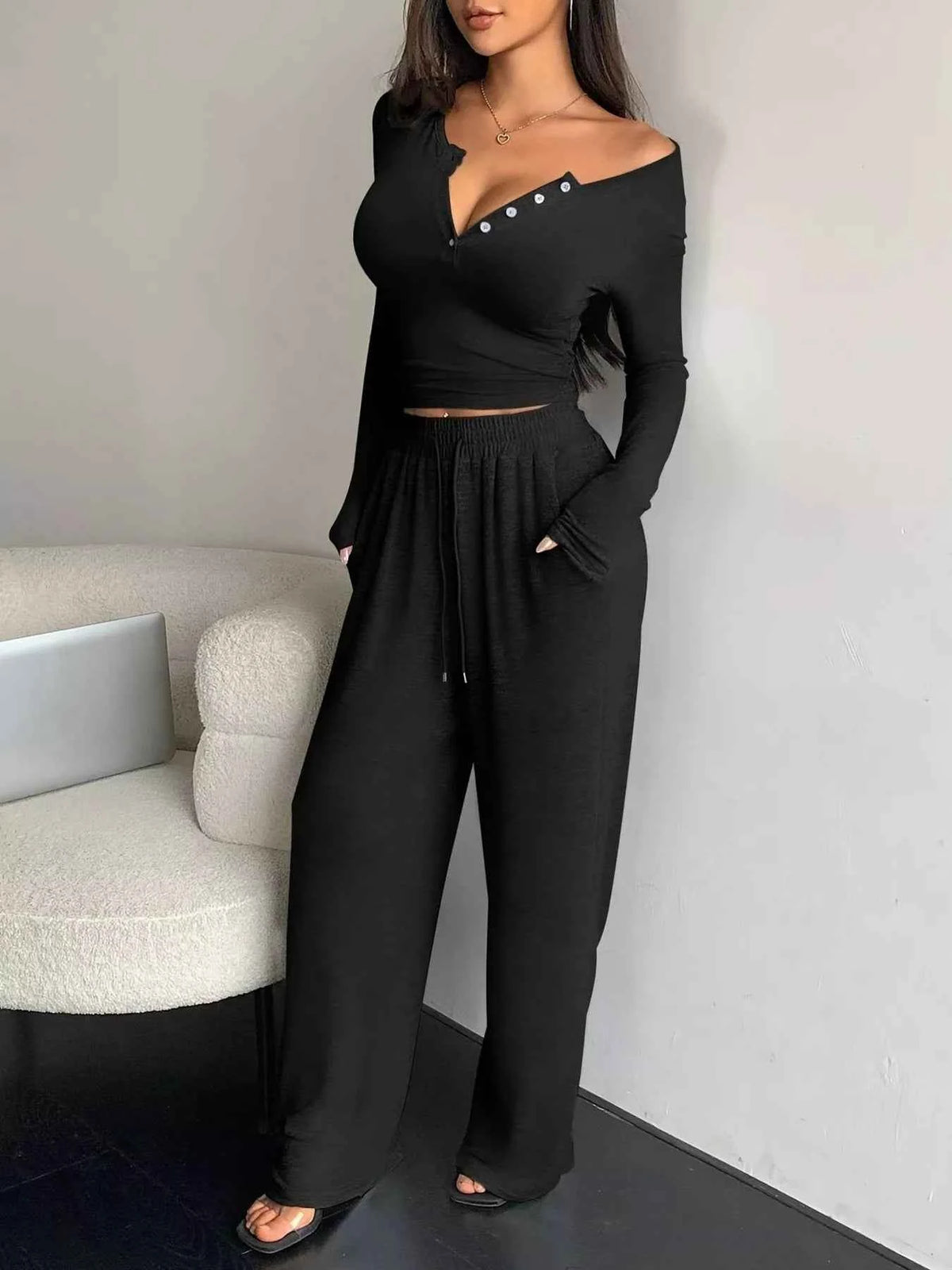 Button Detail Two Piece Set - Wide Leg Drawstring Pants