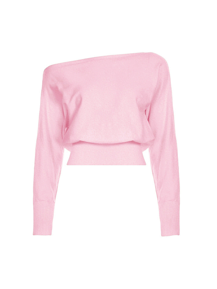 Off Shoulder Knit Sweater - Slouchy Sleeves and Ribbed Hem
