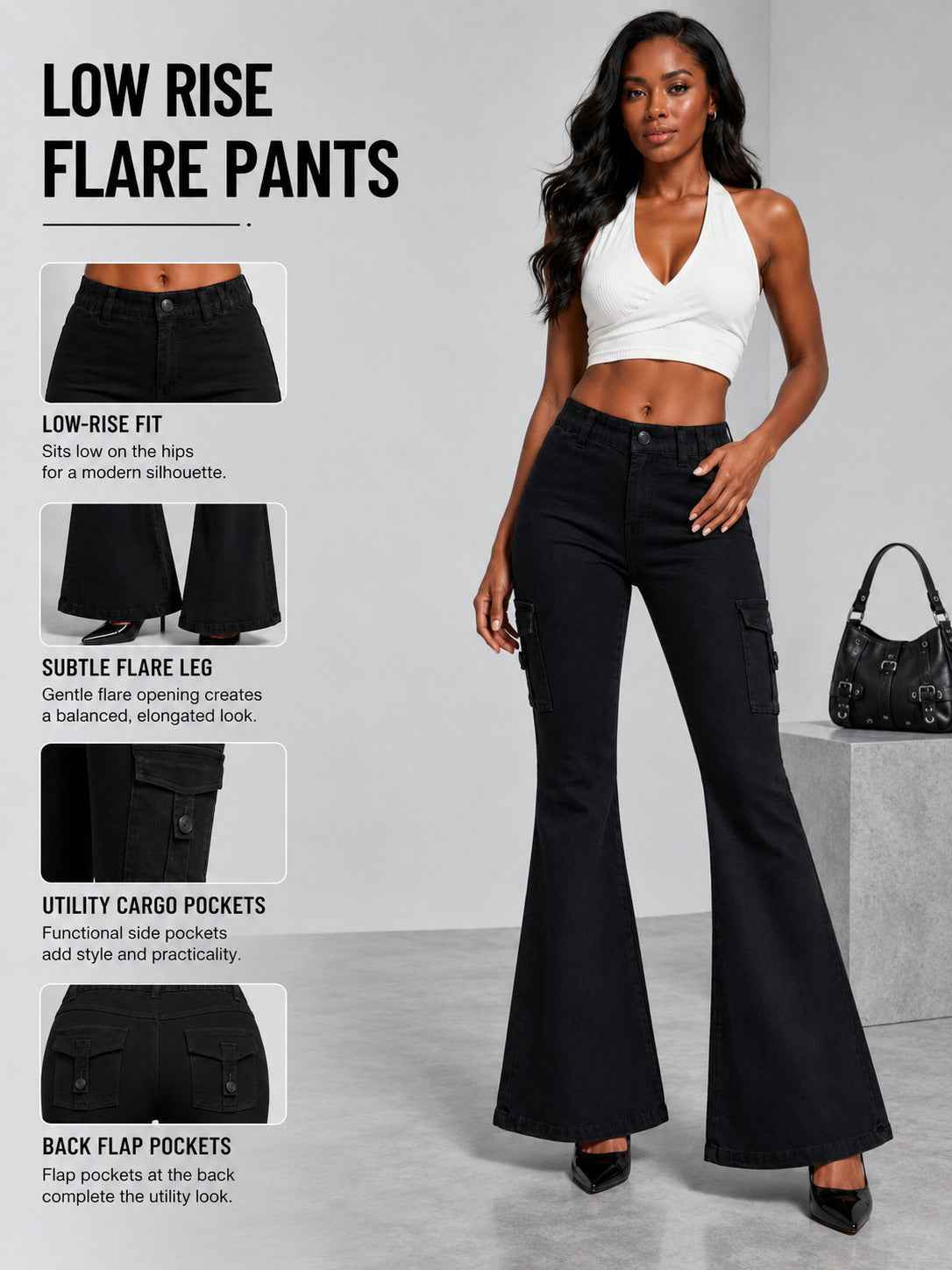 Women's High-quality Stretch Vintage Washed Cargo Flare Jeans, Y2K Style, Casual And Versatile, Suitable For All Seasons