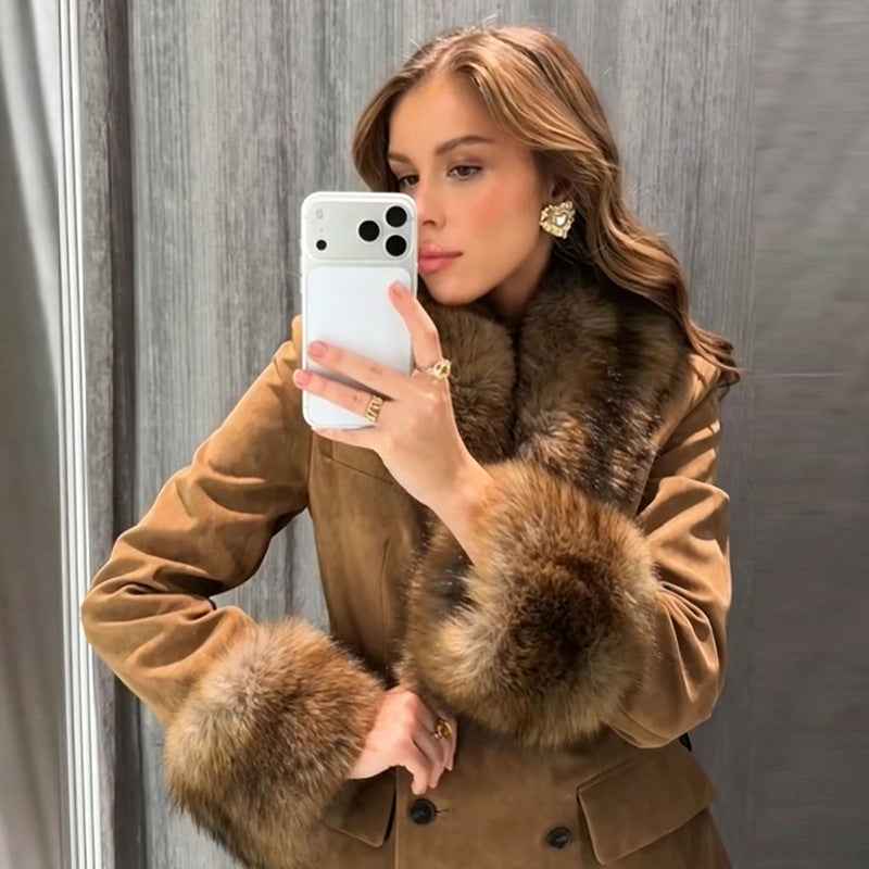 Brown Faux Suede Jacket - Plush Collar and Cuff Trim
