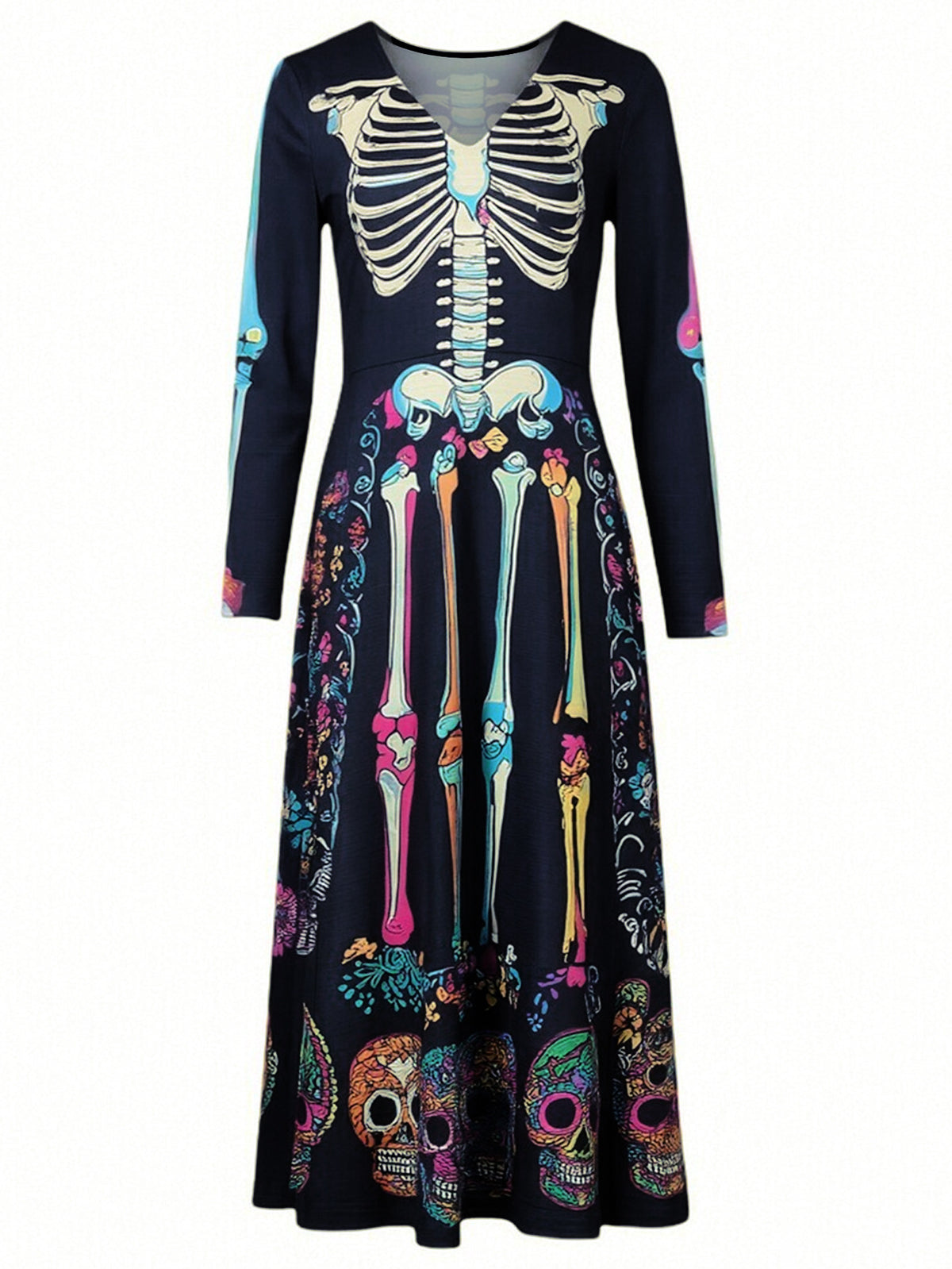 Black long-sleeve midi dress with skeleton figure and colorful skull border print