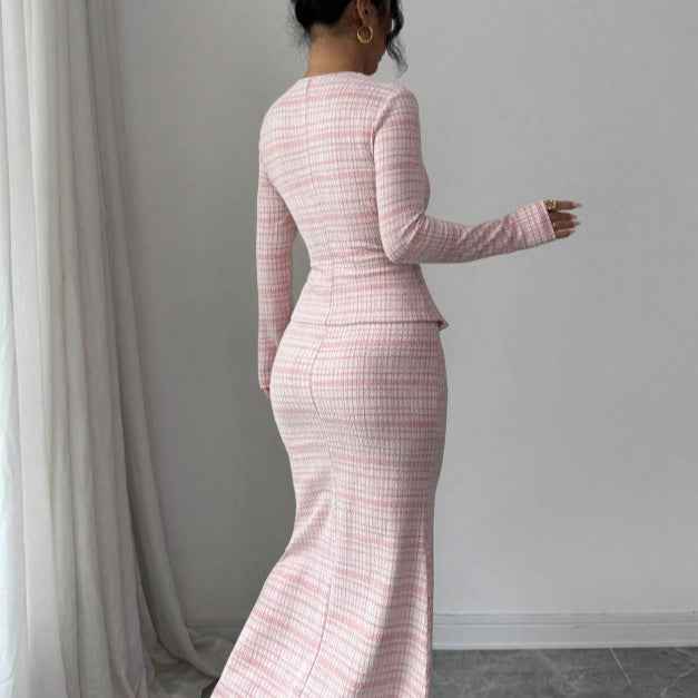 Pink Plaid Maxi Skirt Set - Peplum Top and Flared Hem