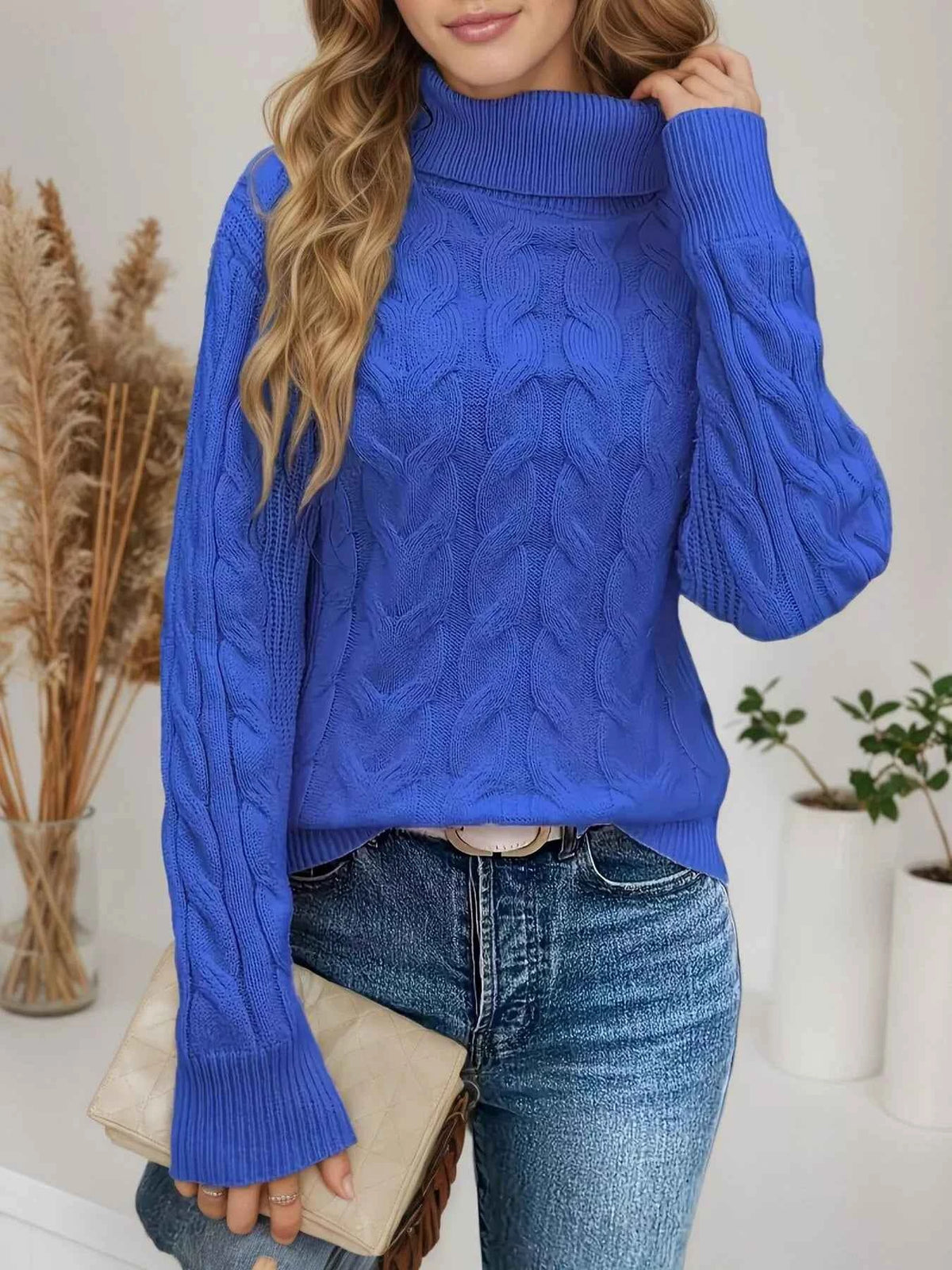 Cable Knit Turtleneck Sweater - Ribbed Cuffs Textured Fit