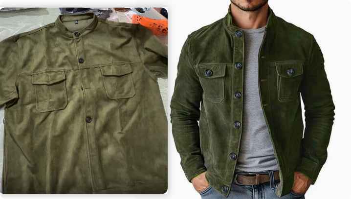 Men's Faux Suede Jacket - Button Front Chest Pockets