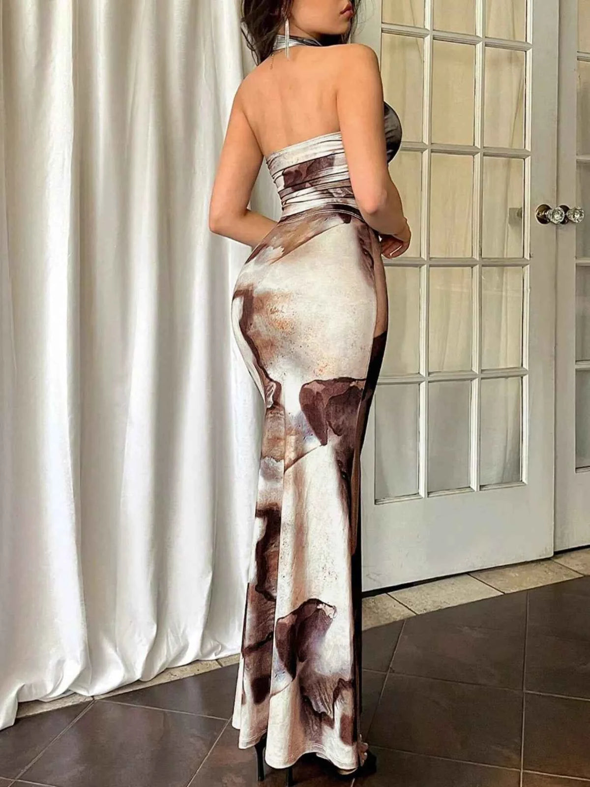 Halter Crop Top & Mermaid Maxi Skirt Set - Abstract Print